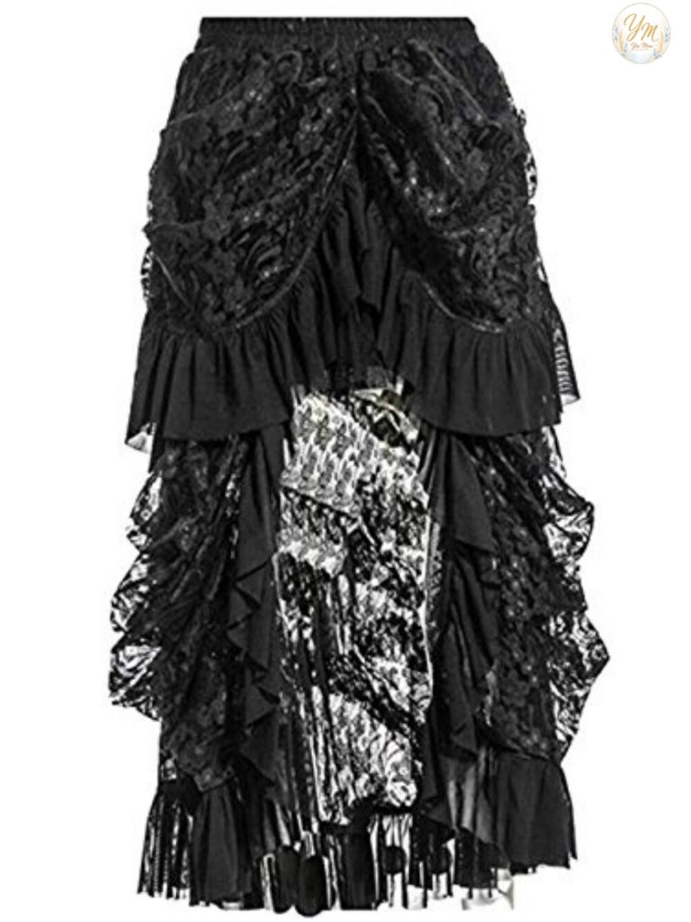Womens Black Lace Gothic Maxi Skirt Victorian Party High Rise Floral Ruffled
